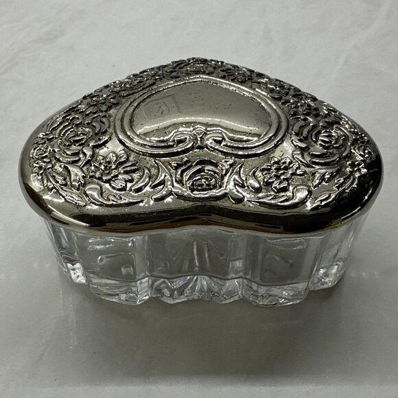 Vintage MCM Heart Shape Silver and Glass Trinket Jewelry Box Candy Dish 3.5 in - Picture 5 of 10